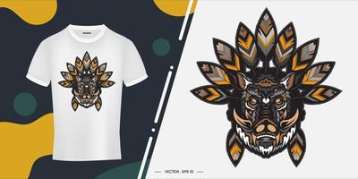 Boar head with Indian feathers. Ready-made print for T-shirts, cups and phone cases. Vector illustration.