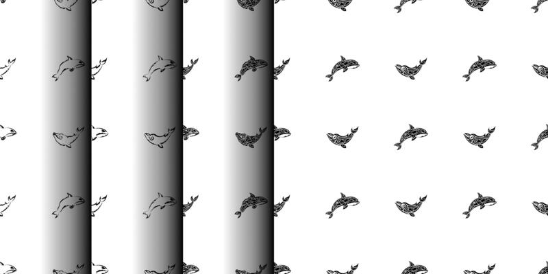 Set of Seamless Black and White Pattern with Whales in Simple Style. Good for backgrounds and prints. illustration.