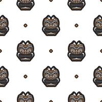 Seamless pattern with the face of the Polynesian tribesmen. Good for prints, backgrounds, cards, and textiles. Vector illustration.