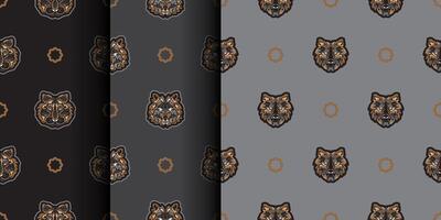 Set Seamless pattern with tiger face in colored boho style. Polynesian style tiger face. Good for backgrounds and prints. Vector illustration.