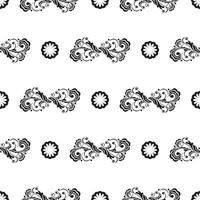 Seamless black and white pattern with flowers and monograms in Simple style. Good for covers, fabrics, postcards and printing. Vector illustration.