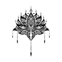 Lotus flower, yoga or zen decorative element in boho style. Lotus or water lily shapes, graphic elements in black on white background, Indian modern decorations. Vector illustration.