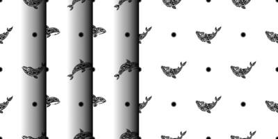 Set of Seamless Black and White Pattern with Whales in Simple Style. Good for clothing and textiles. Vector