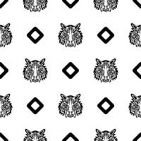 Polynesian style tiger face seamless pattern. Boho tiger face. Good for backgrounds, prints, apparel and textiles. Vector illustration.