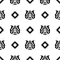 Polynesian style tiger face seamless pattern. Boho tiger face. Good for backgrounds, prints, apparel and textiles. Vector illustration.