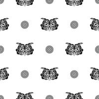 Seamless pattern with owl face. Polynesia and Maori patterns. Suitable for poster, postcard, banner, textile and menu design. Vector