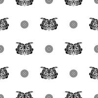 Seamless pattern with owl face. Polynesia and Maori patterns. Suitable for poster, postcard, banner, textile and menu design. Vector