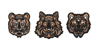 A set of colored lion faces consisting of patterns. Tiger head print. For T-shirts, phone cases and cups. Exclusive corporate identity. Isolated. Vector illustration.