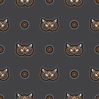 Owl face seamless pattern in boho style. Isolated. Good for clothing and textiles. Vector illustration.