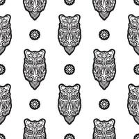 Black-white Seamless pattern of owls in boho style. Good for garments, textiles, backgrounds and prints. Vector illustration.