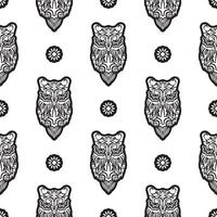 Black-white Seamless pattern of owls in boho style. Good for garments, textiles, backgrounds and prints. Vector illustration.