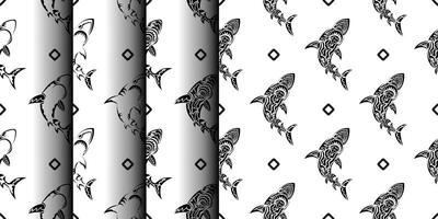 Set of Seamless luxury pattern with sharks. Good for menus, postcards, books, murals and fabrics. Vector illustration.