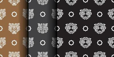 Set Seamless pattern with tiger face in boho style. Polynesian style tiger face. Good for backgrounds and prints. Vector