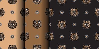 Set of Seamless pattern tiger face in Maori style. Boho tiger face. Good for backgrounds, prints, apparel and textiles. Vector illustration.