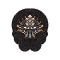 Colored lotus or water lily shapes, graphic elements in black on white background, Indian modern decorations. Vector