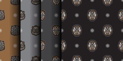 Set Seamless pattern with tiger head in simple boho style. Good for clothing, textiles and prints. Vector