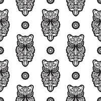 Black-white Seamless pattern of owls in boho style. Good for backgrounds, prints, apparel and textiles. Vector illustration.