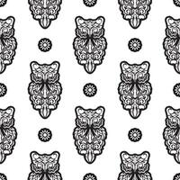 Black-white Seamless pattern of owls in boho style. Good for backgrounds, prints, apparel and textiles. Vector illustration.