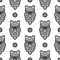 Black-white Seamless pattern of owls in boho style. Good for backgrounds, prints, apparel and textiles. Vector illustration.