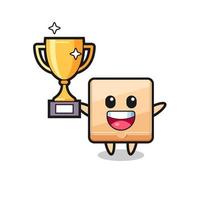 Cartoon Illustration of pizza box is happy holding up the golden trophy vector