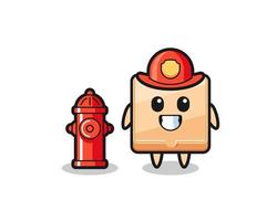 personaje mascota de la caja de pizza como bombero vector