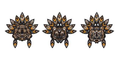 conjunto de cabeza de tigre con plumas. impresión preparada para camisetas, tazas y fundas de teléfono. ilustración vectorial
