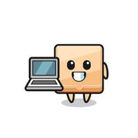 ilustración de mascota de caja de pizza con una computadora portátil vector