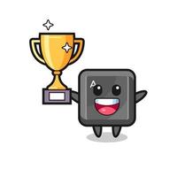 Cartoon Illustration of keyboard button is happy holding up the golden trophy vector