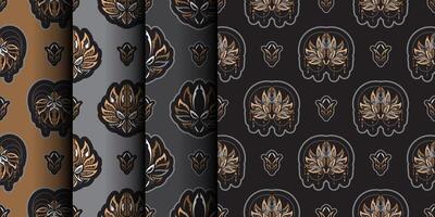 Set of Seamless pattern with lotuses. Dark background. Expensive and luxurious style. Good for prints. Vector illustration.