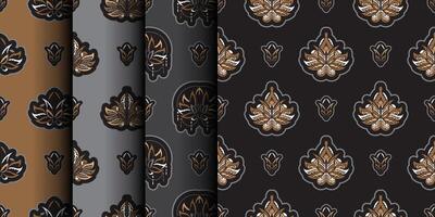 Set of Seamless pattern with lotuses. Dark background. Expensive and luxurious style. Good for prints, apparel and textiles. Vector