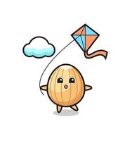 almond mascot illustration is playing kite vector