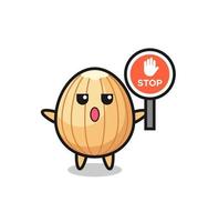 almond character illustration holding a stop sign vector
