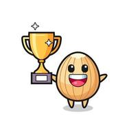 Cartoon Illustration of almond is happy holding up the golden trophy vector