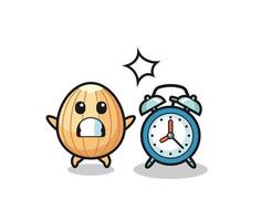 Cartoon Illustration of almond is surprised with a giant alarm clock vector