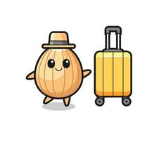 almond cartoon illustration with luggage on vacation vector