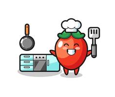 ilustración de personaje de ají mientras un chef está cocinando vector