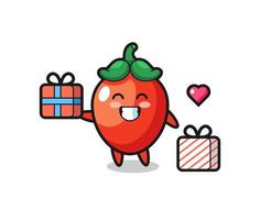 chili pepper mascot cartoon giving the gift vector