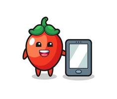chili pepper illustration cartoon holding a smartphone vector