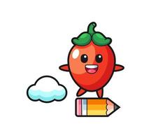 chili pepper mascot illustration riding on a giant pencil vector