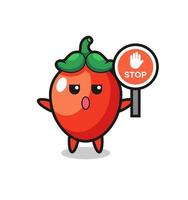 chili pepper character illustration holding a stop sign vector
