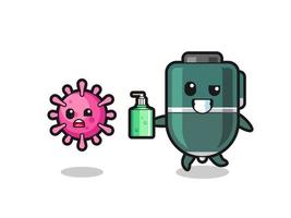 illustration of ballpoint character chasing evil virus with hand sanitizer vector