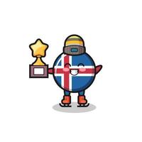 dibujos animados de la bandera de islandia como un jugador de patinaje sobre hielo sostiene el trofeo ganador vector