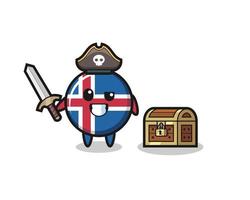 el personaje pirata de la bandera de islandia sosteniendo una espada al lado de una caja del tesoro vector