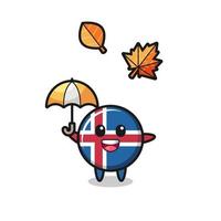 caricatura de la linda bandera de islandia sosteniendo un paraguas en otoño vector