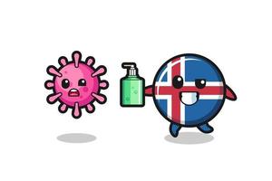 ilustración del personaje de la bandera de islandia persiguiendo el virus malvado con desinfectante de manos vector