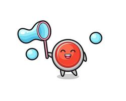 dibujos animados de botón de pánico de emergencia feliz jugando burbuja de jabón vector