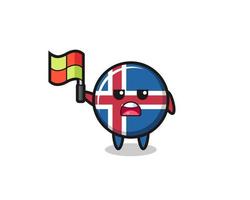 iceland flag character as line judge putting the flag up vector