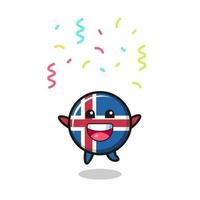 feliz mascota de la bandera de islandia saltando por felicitación con confeti de color vector