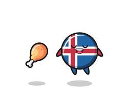 cute iceland flag floating and tempted because of fried chicken vector