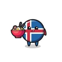 lindo personaje de la bandera de islandia comiendo fideos vector